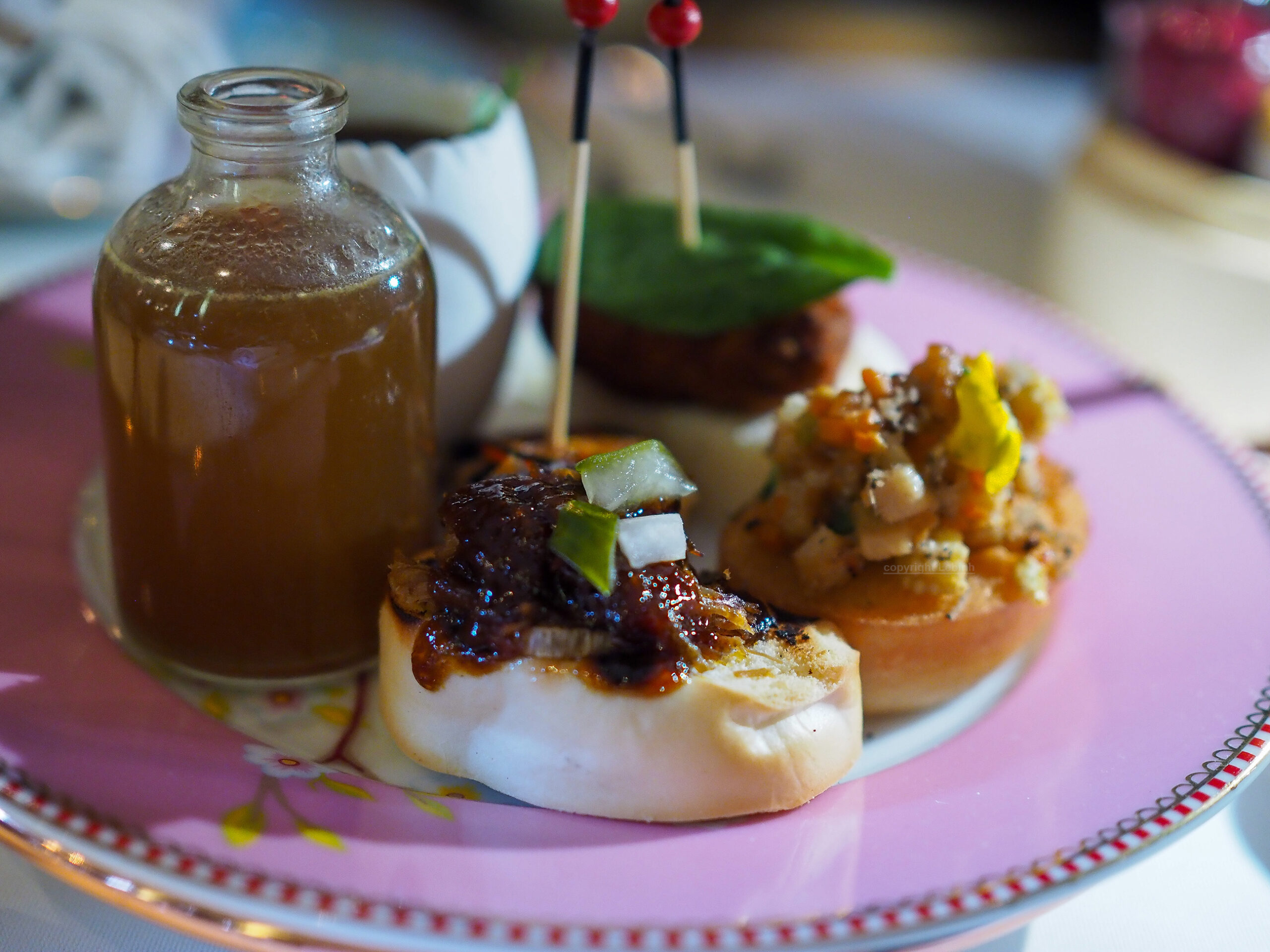 Chai’ Bao Sliders, bao with crispy duck, bao chopped vegetables, prawns on toast, Chinese tea egg, and finally the potion of ‘eternal youth’