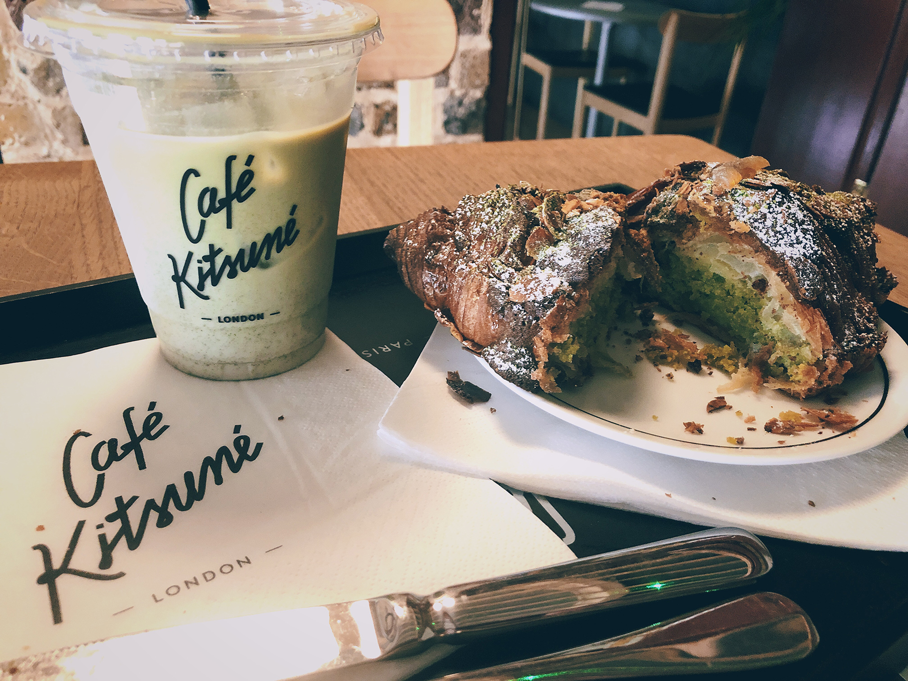 Café Kitsuné ice latte and matcha croissant