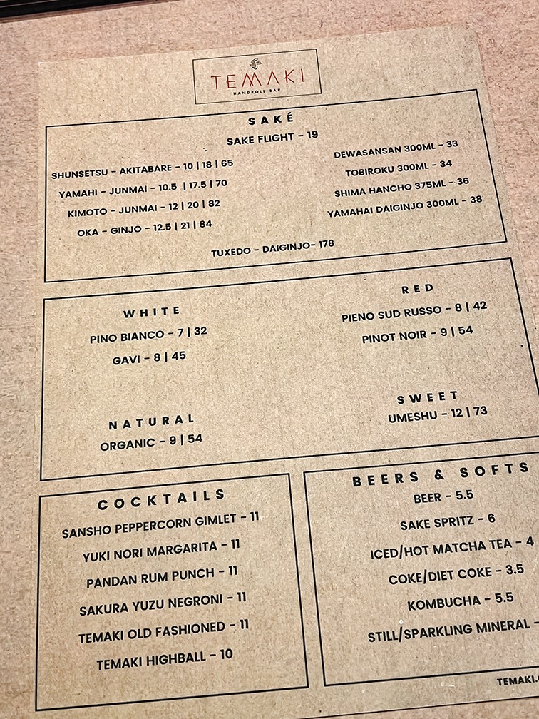 Temaki Handroll bar drinks menu