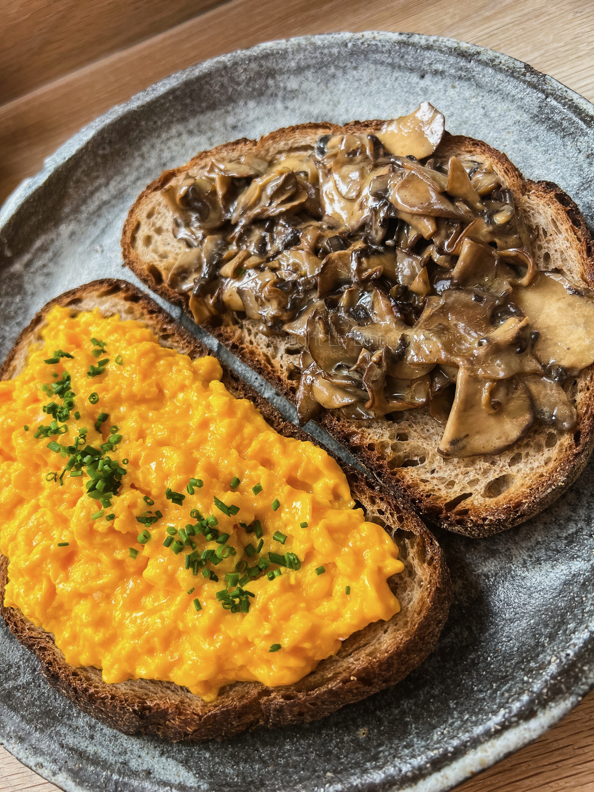 Scrambled Eggs and Creamy Mushroom on Sourdough Toast